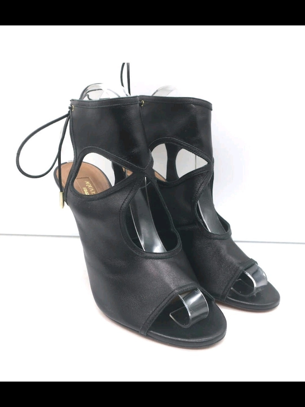 Aquazzura Black Leather Cutout Lace-Up Stiletto Booties Size 8 - Picture 2 of 9